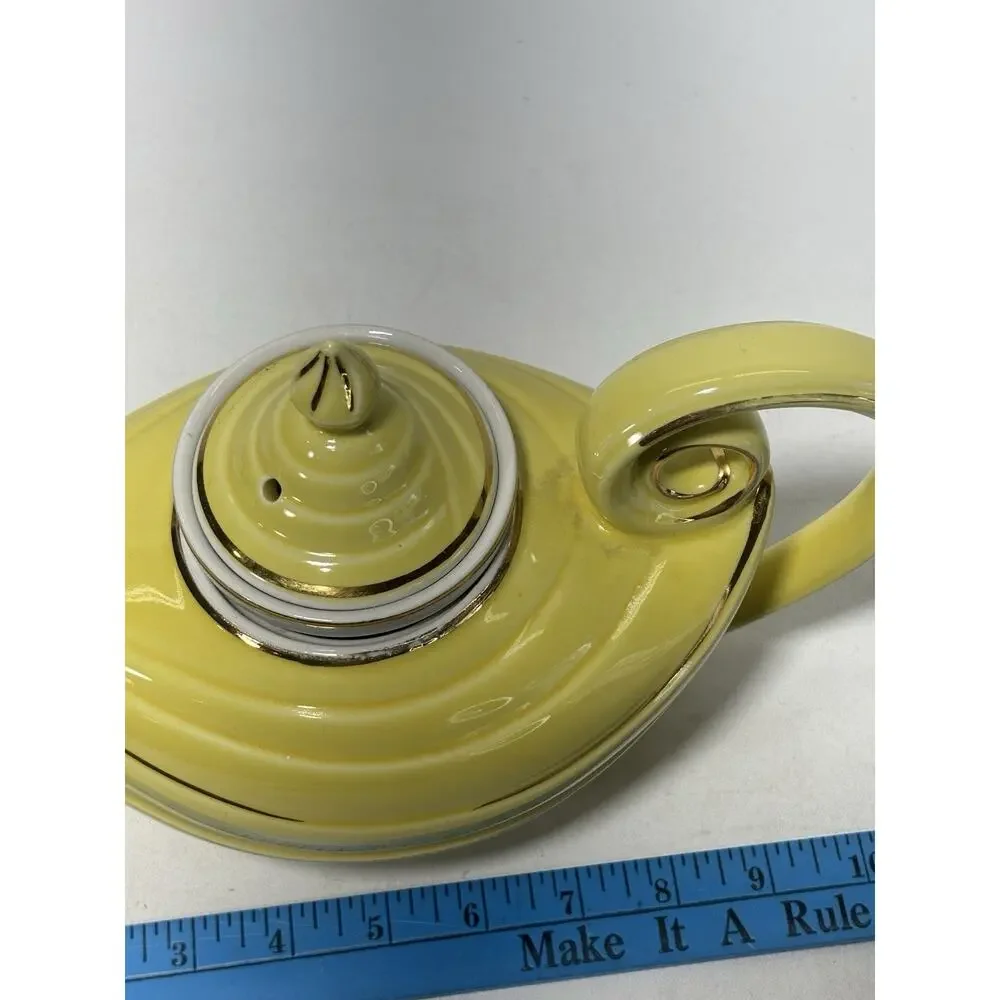 Vintage Hall China 6 Cup Teapot w/ Infuser Yellow Gold Trim USA Art Deco MCM